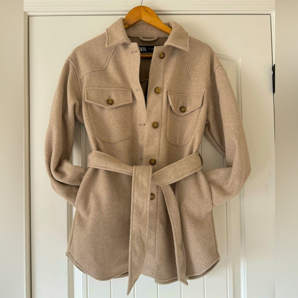 ZARA Oversize Shacket Belted Shirt Size S Beige Oatmeal